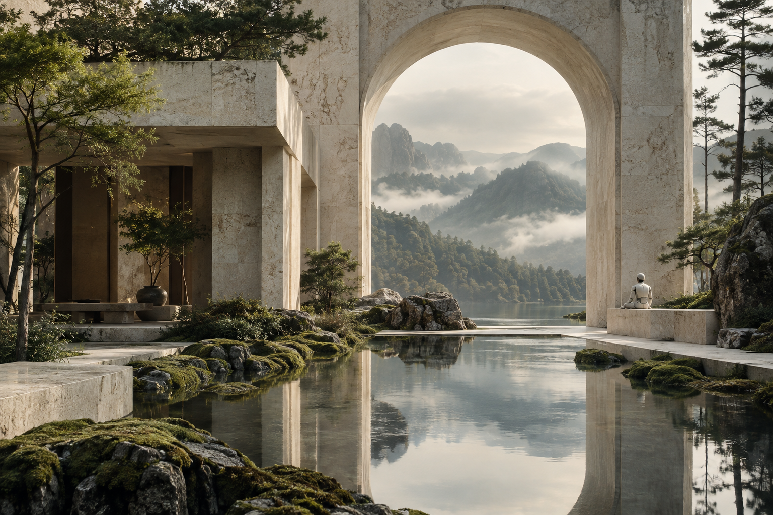 An imagined refuge: a quiet humanoid resting by a reflecting pool beneath a stone arch, overlooking green mountains.